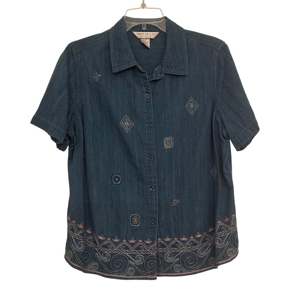 Vintage Embroidered Denim Napa Valley Blues Womens L 100% Cotton Boho Shirt